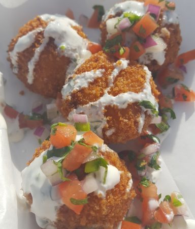 A Flying Sausage- Chorizo Mac n Cheese Balls with Cilantro Cream and Pico